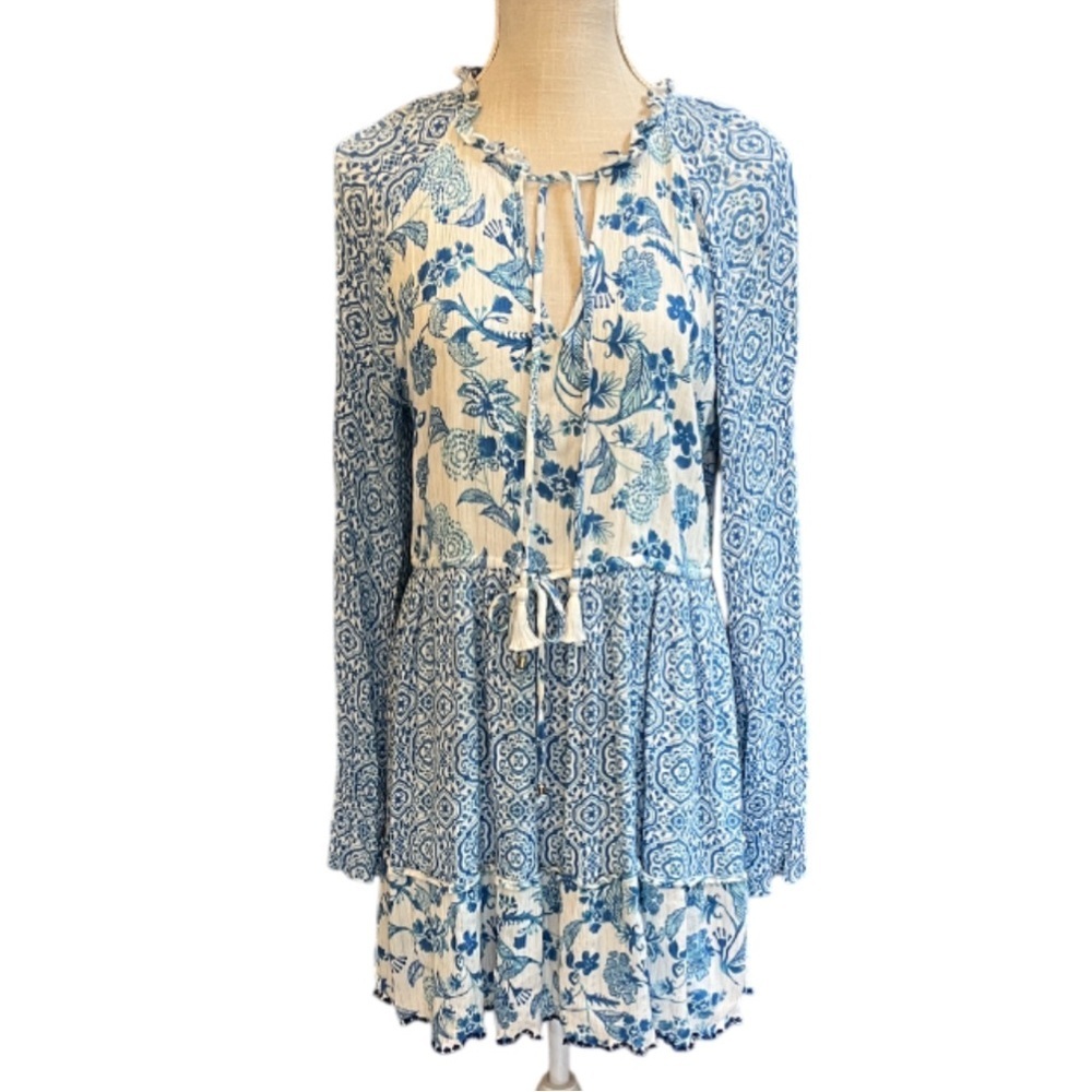 House of Harlow 1960 Blue Boho Floral Tiered Dress with Tassel Ties -Size M